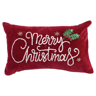 Cotton Velvet Lumbar Pillow Embroidery "Merry Christmas" dark red holly 