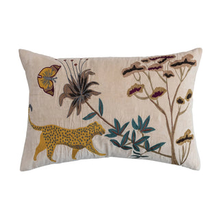 Decorative pillow with a leopard and floral design on a beige background. Cotton Velvet Lumbar Pillow with Embroidered Cheetah