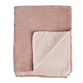 Cotton Velvet Throw w/ Kantha Stitch, Blush Color soft peach pink