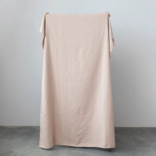 Cotton Velvet Throw w/ Kantha Stitch, Blush Color soft peach pink