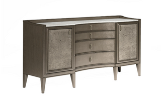 A brown wooden credenza with cork paper application on the doors, a marble top, and metal legs. Cove Credenza
