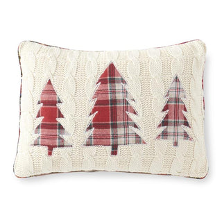 Cream Cable Knit Pillow with 3 Plaid Trees and Piping