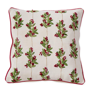 Cream Cotton Pillow with Holly Leaves & Berries 20"
