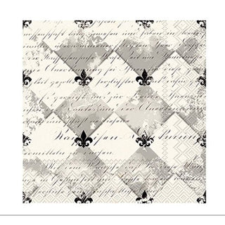 A cocktail napkin with a black and white floral pattern and text elements.