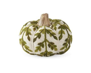 Cream & Green Foliage Knit Pumpkin with Wood Stem 3.5" texture