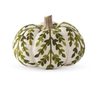 Cream & Green Foliage Knit Pumpkin with Wood Stem 4.5"