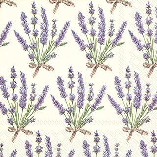 A package of paper lunch napkins with a printed cream lavender design featuring illustrations of lavender plants and bows.