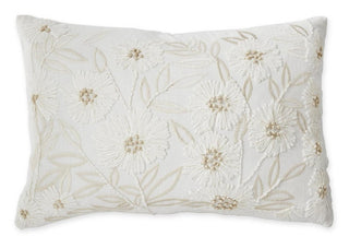 Cream Linen Embroidered Floral Lumbar Pillow flower daisy