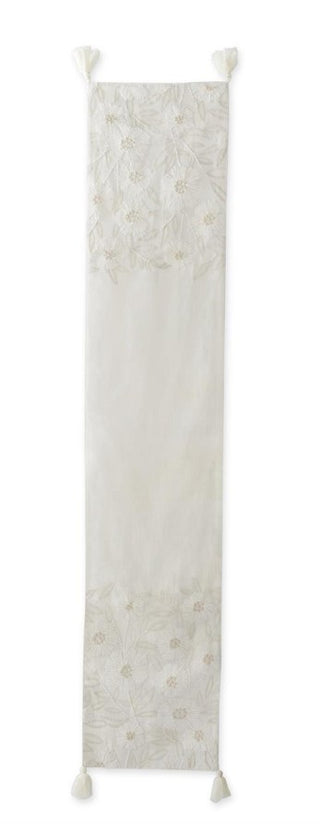 Cream Linen Embroidered Floral Table Runner flower tassel daisy