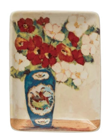 Stoneware Dish with Flowers in Vase, 4 Styles