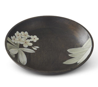 Dark Brown Wood White Floral Hand-Painted Bowl asian