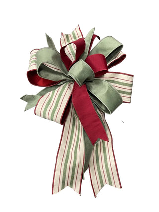 Dark Red & Green Striped Bow sage green Christmas