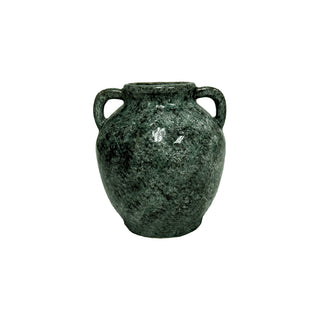 Green stone vase with two handles on a white background