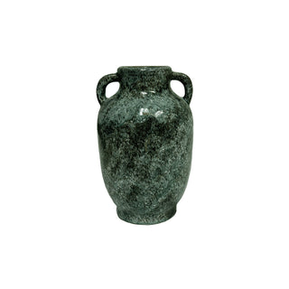 Green ceramic vase with two handles on a white background