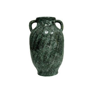 Green marble vase with two handles on a white background