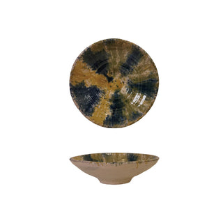 Decorative Terra-Cotta Bowl with Reactive Glaze in Green Blue and Yellow