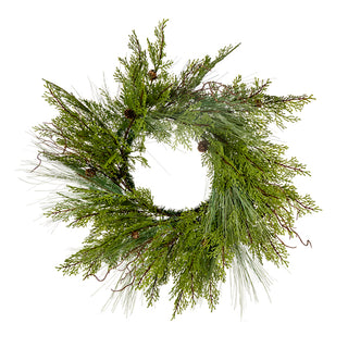A green artificial pine and cedar wreath with small brown pinecones, isolated on a white background. Deluxe Mixed Cedar Wreath 36"