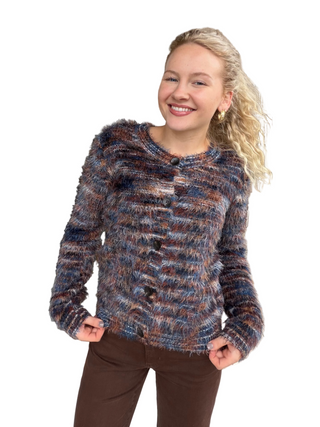 Woman in Denim Blue & Brown Eyelash Cardigan Sweater
