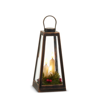 Distressed Lantern with Candles and Greenery bronze