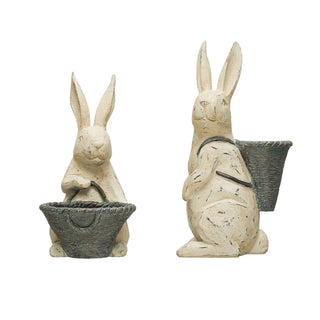 Distressed Resin Rabbit with Basket Assorted antique white gray