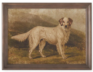 Framed painting of a dog standing in a natural landscape