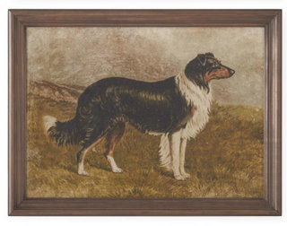 Framed painting of a dog standing on grass with a landscape background