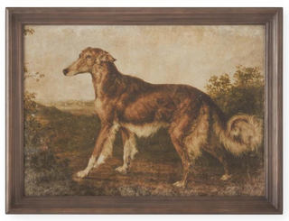 Framed artwork of a dog standing in a landscape