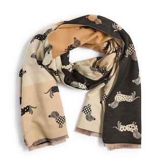 Dog Print Scarf cream beige black reversible Dachshund check spot
