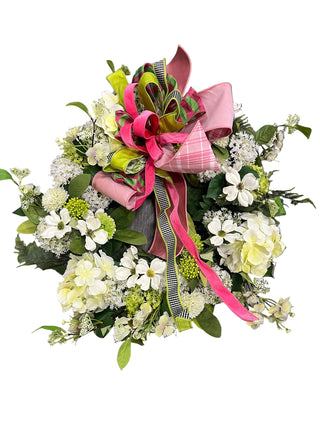 Dogwood Wreath with Pink & Green Bow black and white check lime plaid easter