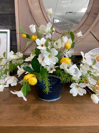 Dogwood and Lemon in Blue Bowl Arrangement