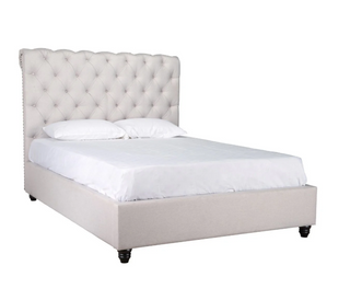 Beige upholstered bed with tufted headboard on a white background