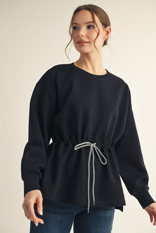 Drawstring Waist Smooth Textured Top in Black