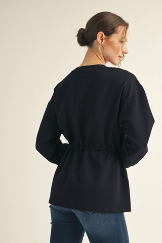Drawstring Waist Smooth Textured Top in Black