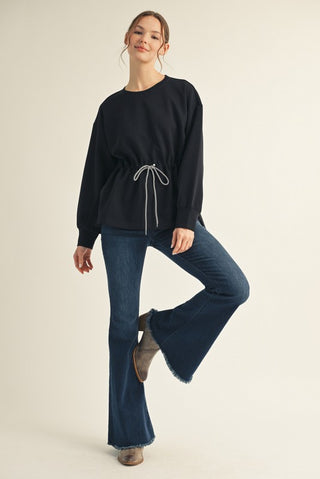 Drawstring Waist Smooth Textured Top in Black