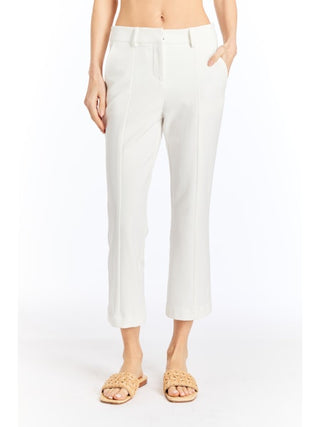 A pair of white tailored pants with a straight leg cut, displayed on a model.