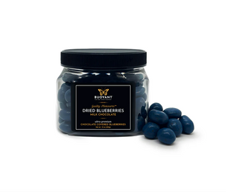 Jar of Buoyant Gourmet Dried Blueberries with a few berries on a white background milk chocolate