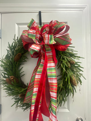 Green, Pink & Red Plaid & Stripe Bow