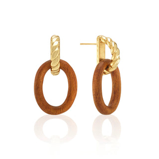 Earth Goddess Link Drop Earrings in Teak wood 18K gold over brass anti tarnish