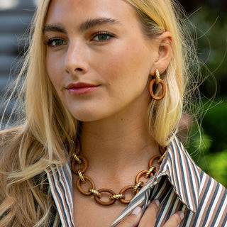 Earth Goddess Link Drop Earrings in Teak wood 18K gold over brass anti tarnish