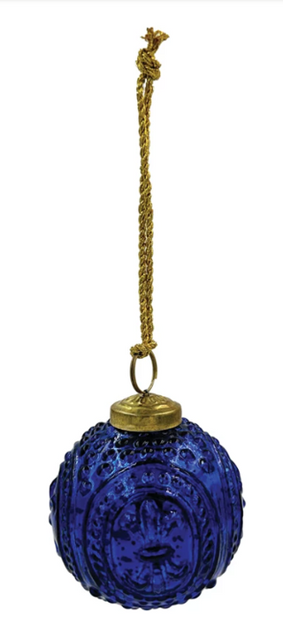 Embossed Recycled Mercury Glass Ball Ornament in Blue 3" Assorted dark blue