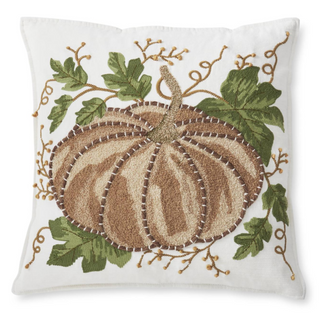 Embroidered Brown Pumpkin Square Pillow fall autumn embroidery brown green