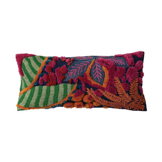 Colorful embroidered pillow with leaf patterns on a white background. Embroidered Fabric Indoor/Outdoor Lumbar Pillow with Tufted Botanicals