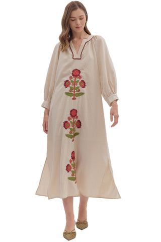 Embroidered Floral Long Sleeve Maxi Dress in Ecru