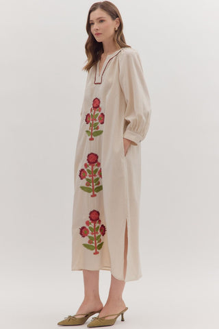 Embroidered Floral Long Sleeve Maxi Dress in Ecru