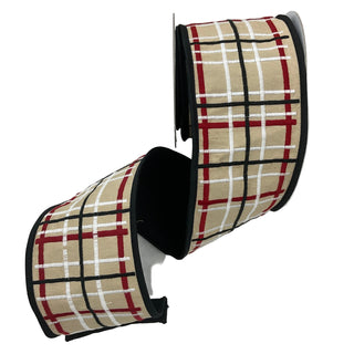 Embroidered Khaki, White, Red Plaid Dupion Fused Ribbon 4" - SOLD BY THE FOOT