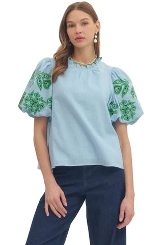 Embroidered Puff Sleeve Top in Blue green
