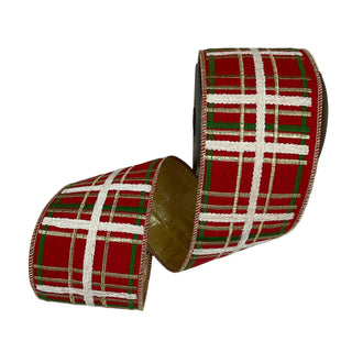 Embroidered Red, Gold, Green Plaid Dupion Fused Gold Metallic Ribbon 4" - SOLD BY THE FOOT
