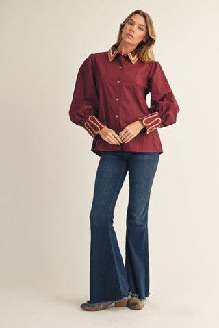Embroidery Accent Button Down Shirt in Burgundy