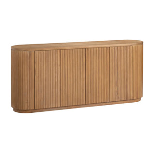 Wooden sideboard with a horizontal slat design on a white background natural stain no knobs or handles