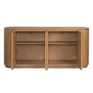 Wooden sideboard with open doors on a white background ribbed design natural stain